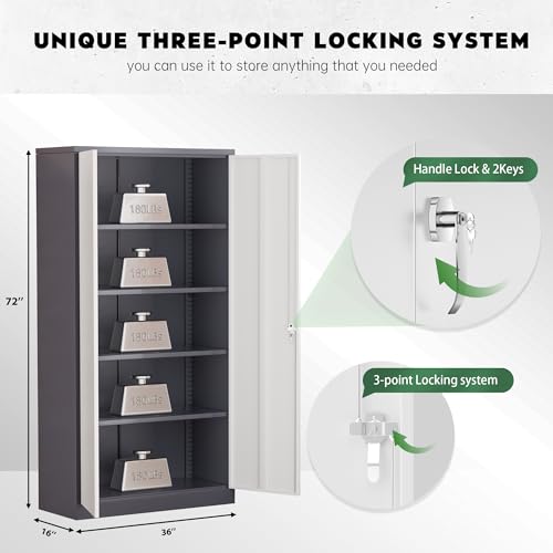 Greenvelly Steel SnapIt Storage Cabinet 72" Locking Metal Garage Storage Cabinet with 4 Adjustable Shelves, 2 Doors and Lock for File, Office, Garage