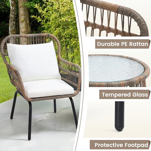 3 Piece Rattan Wicker Bistro Set, Outdoor Conversation Furniture Set with Glass Top Table, Space Saving for Balcony, Backyard, Natural
