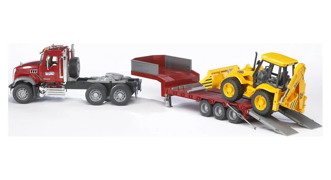 Bruder 02813 MACK Granite Flatbed Truck w/ JCB Loader Backhoe