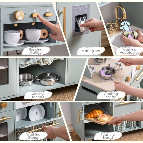 ROBUD Play Kitchen Set, Wooden Play Kitchen with Ice Maker, Fridge, Coffee Machine, Oven, Dishwasher, Microwave, Kitchen Accessories