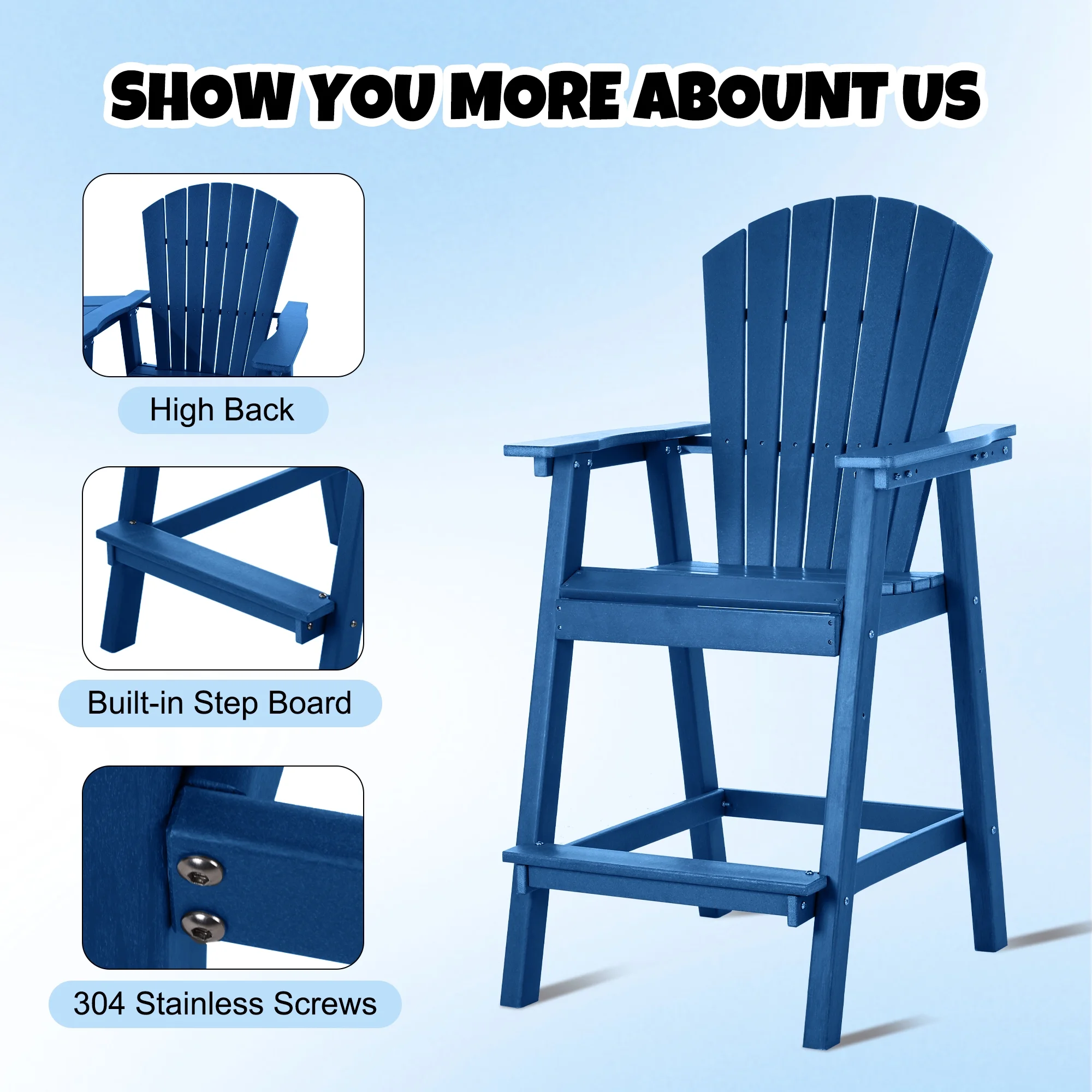Tall Adirondack Chair Set of 2, HDPE Balcony Chair with Double Connecting Tray, Outdoor Weather Resistant Adirondack Chair, Navy Blue