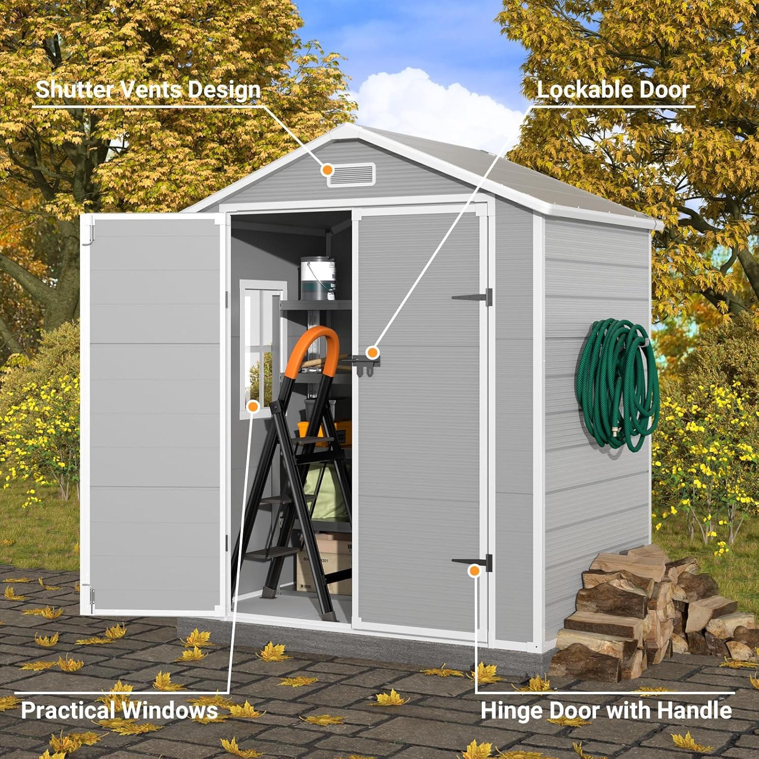 Outdoor Storage Shed, 6x4.5 FT Resin Shed with Floor and Lockable Door, Window & Vents, Tool Sheds & Outdoor Storage for Bike, Garbage Cans