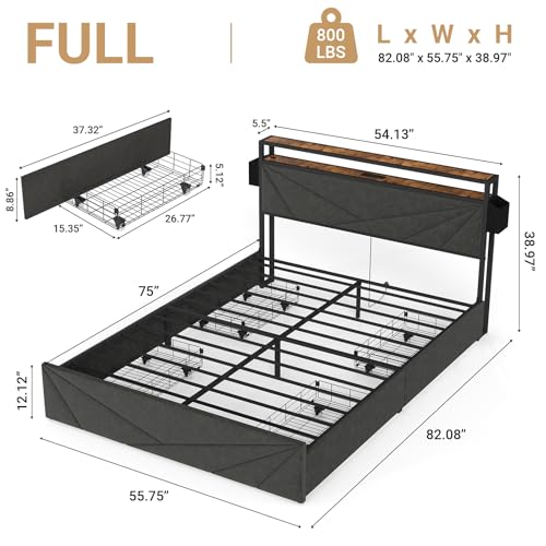 Full Size Bed Frame with Headboard, LED Platform Bed with 4 Storage Drawers, Built in Charging Station, Noise-Free, Metal Support Base