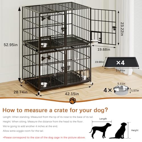 aboxoo 42/48 inch Heavy Duty Metal Dog Crate for 2 Dogs/Large Dog,All Metal Open Top,Dog Kennel Indoor with Wheels,Floor Grid, Tray