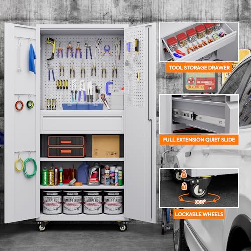 Aobabo 71" H×32" W×16" D Metal Storage Cabinet with Wheels, Garage Steel Storage Cabinet with 5 Adjustable Shelves and 4 Hooks for Home Office