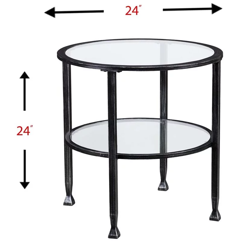 Home Square Jaymes Round Glass Top Metal End Table in Black - Set of 2