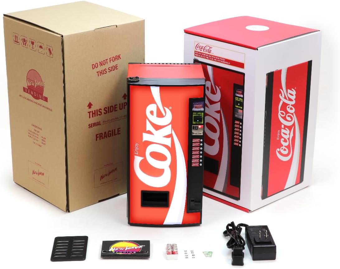 Coca-Cola Classic Replica Vending Machine Mini Fridge, 1/6 Scale, Holds 2 Cans or 1 Bottle, Dispenses Mini Can Prop, for Bedroom, Office Desk