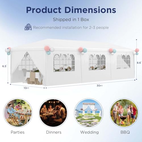YOLENY 10x30 Ft Outdoor Party Canopy, Waterproof Heavy Duty Wedding Tent with 6 Sidewalls & 2 Zippered Doors, Event Tent for Birthday, Patio, BBQ