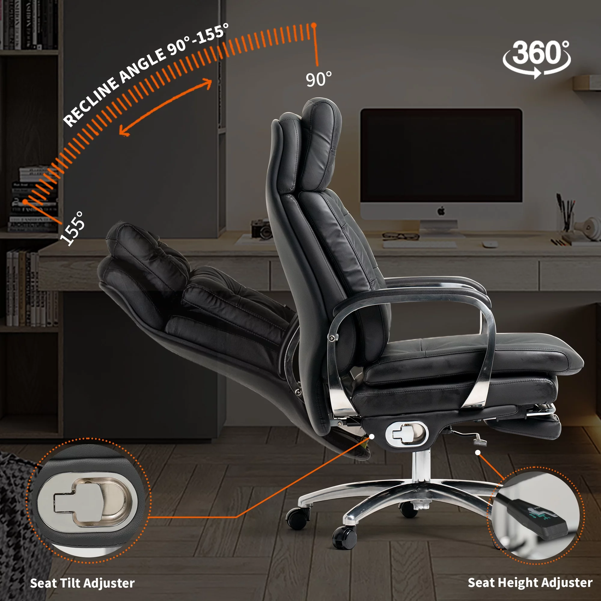 Kinnls Vane Massage Office Chair with Footrest Fully Reclining Managerial & Executive Genuine Leather Desk Task Chairs 500lbs