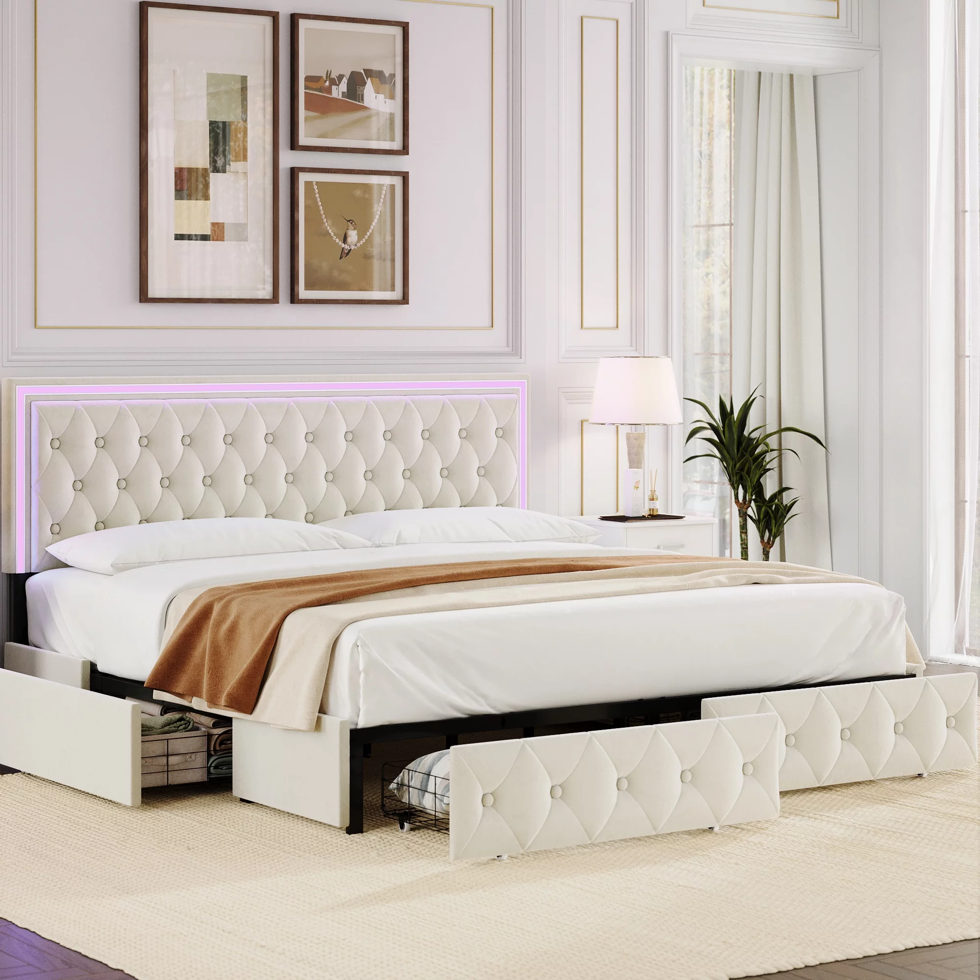Homfa King LED Bed, 9 Colors LED Lights Platform Bed Frame with 4 Storage Drawers, Adjustable Upholstered Headboard with Button Tufted, Velvet Beige