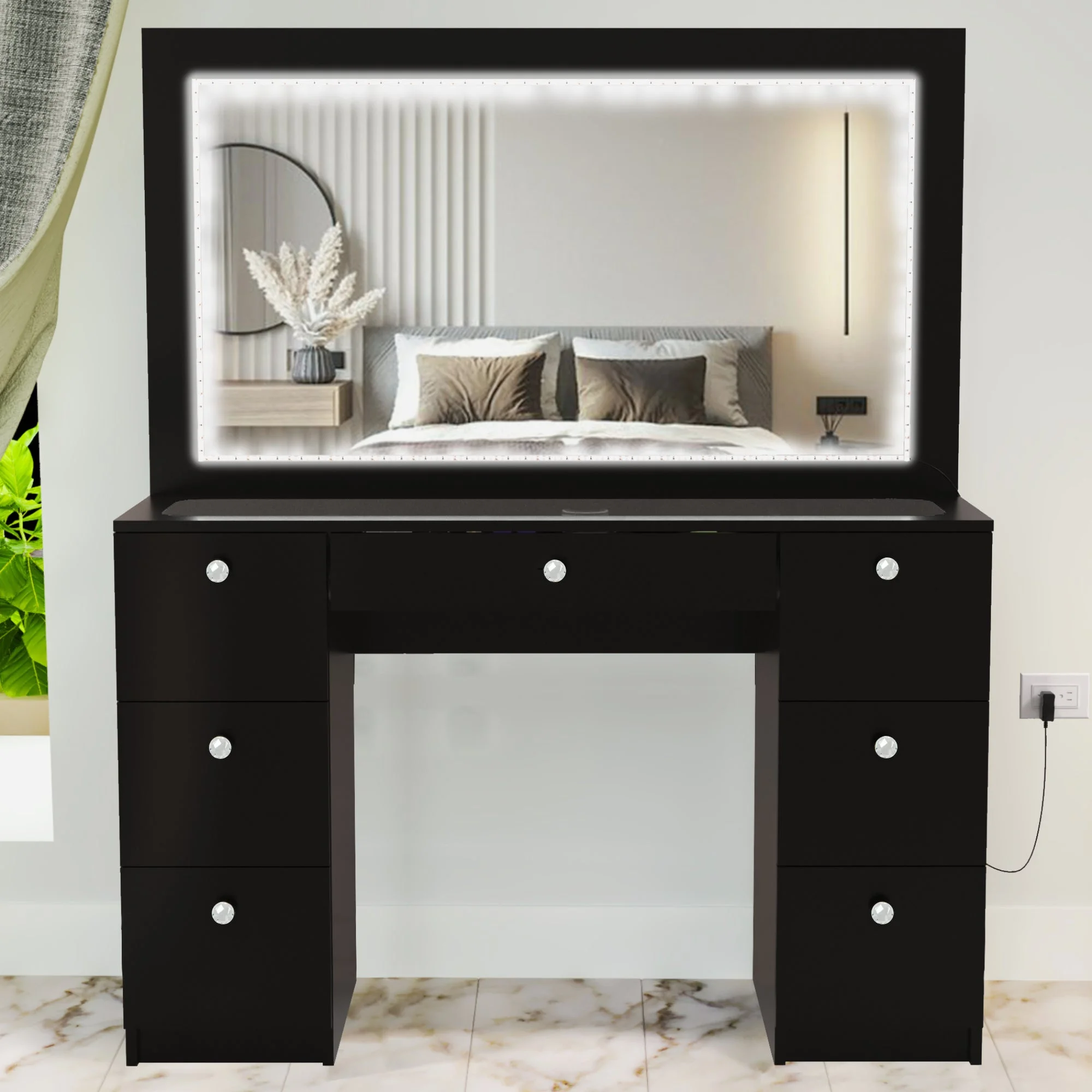 Boahaus Seraphine Modern Black Vanity Desk with LED Lights, 7 Drawers, Mirror, Crystal Ball Knobs, for Bedroom