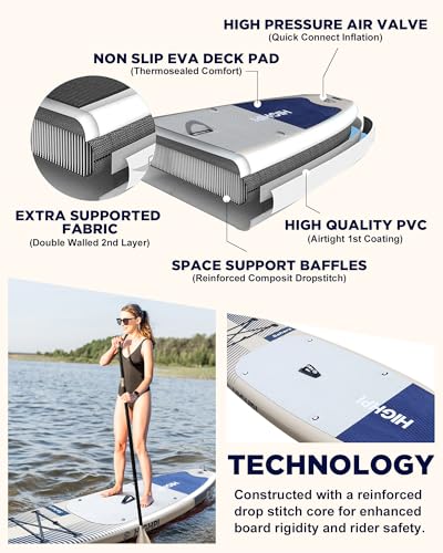 Highpi Inflatable Stand Up Paddle Board Premium SUP Accessories, Backpack, Wide Stance, Surf Control, Non-Slip Deck, Leash, Paddle and Pump