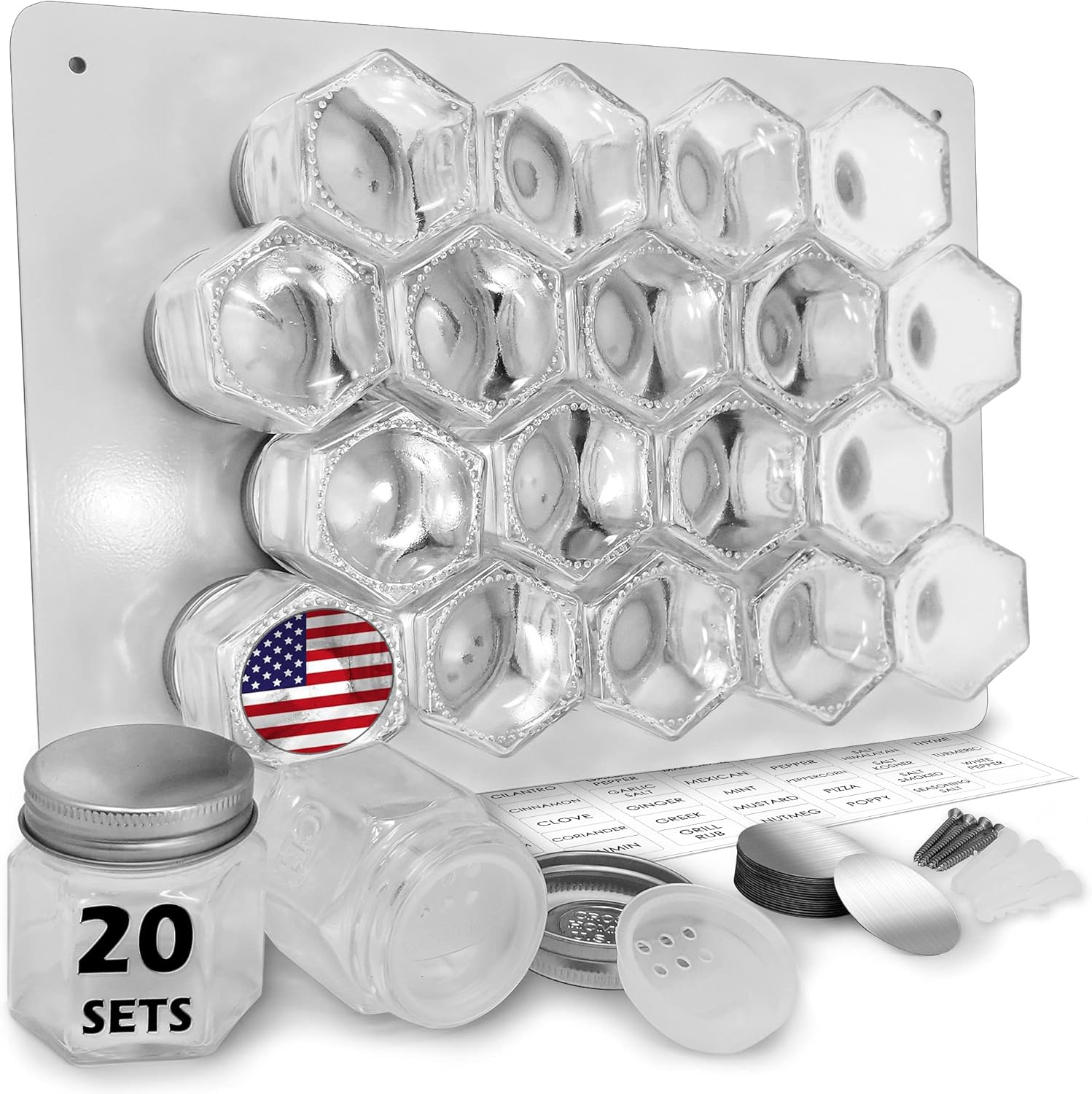 Magnetic Spice Jars Empty Small Hexagon Glass Spice Jars 20 Sets with Magnetic Lids, Shaker, Magnetic Board