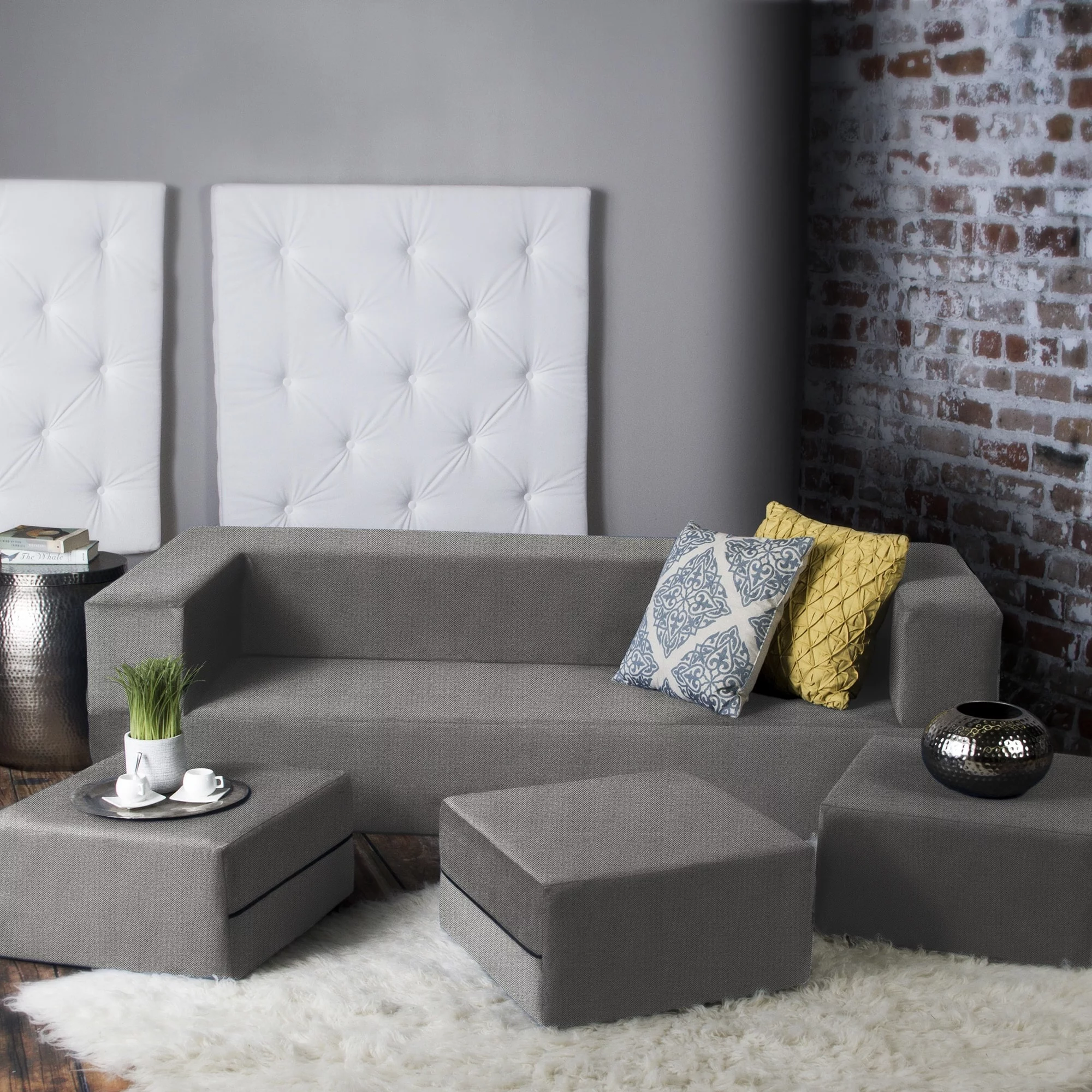 Porch & Den  California King Convertible Sleeper Sofa and Ottomans Dove Grey Foam, Poly Synthetic Fiber Polyester