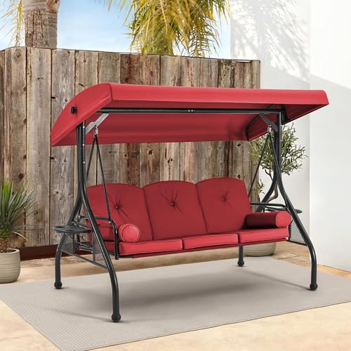 HOMREST 3 Seat Outdoor Porch Swing with Adjustable Canopy, Convertible Patio Swing Bed with Stand, Patio Glider Swing with Upgraded Cup Holder