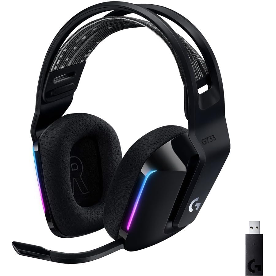 Logitech G733 Lightspeed Wireless Gaming Headset, Suspension Headband, Lightsync RGB, Blue VO!CE Mic, PRO-G Audio – Black, Gaming Headset Wireless