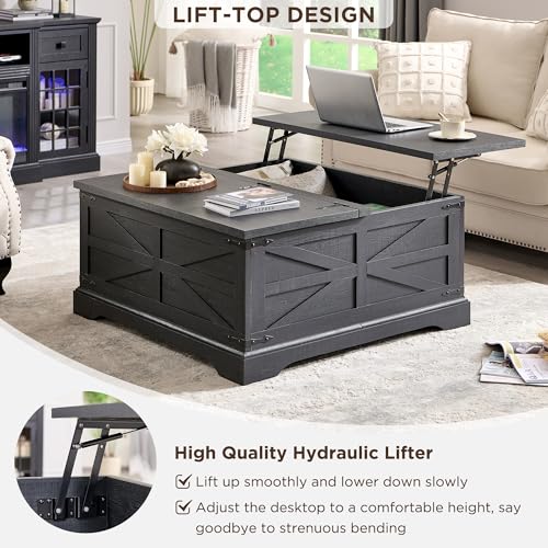JXQTLINGMU Farmhouse Lift Top Coffee Table with Storage, 36" Wood Square Center Table with Large Hidden Compartment