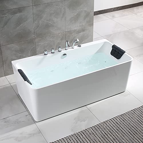 Empava 59-Inch Freestanding Whirlpool Bathtub Rectangular with 8 Hydromassage Adjustable Water Jets Luxury Acrylic Massage SPA Soaking Bath Tub