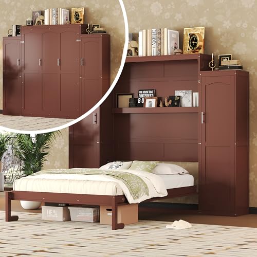 Polib Full Size Murphy Bed with Two Wardrobes and Storage Shelf, Space-Saving Wall Cabinet Bed with Foldable Platform Bedframe for Small Bedrooms