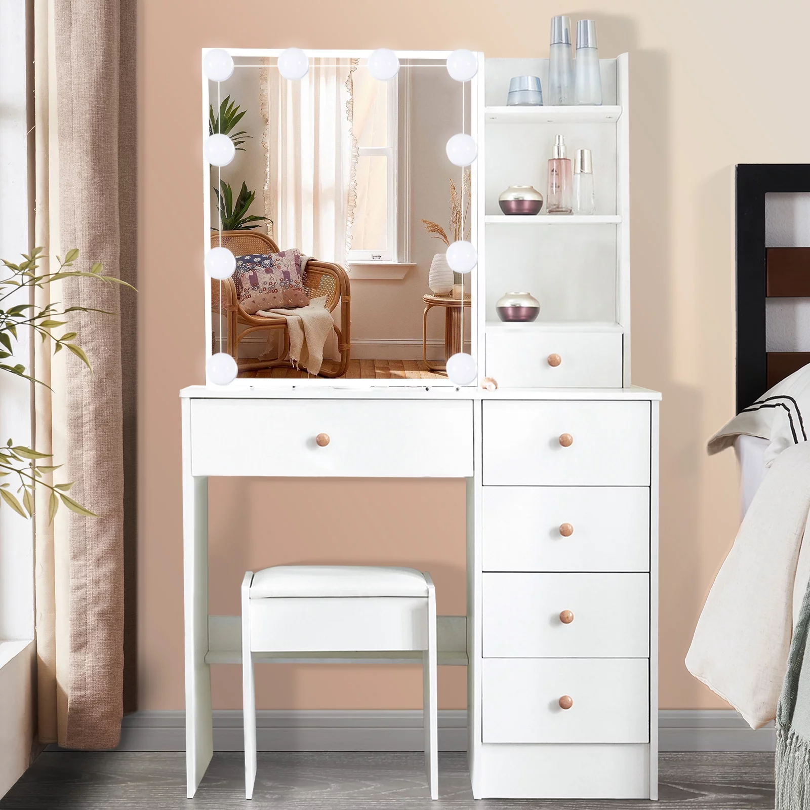 Yamissi Modern Makeup Vanity for Bedroom, Vanity Desk with LED Lighted Sliding Mirror and Stool, Makeup Table with Storage Shelves and Drawers