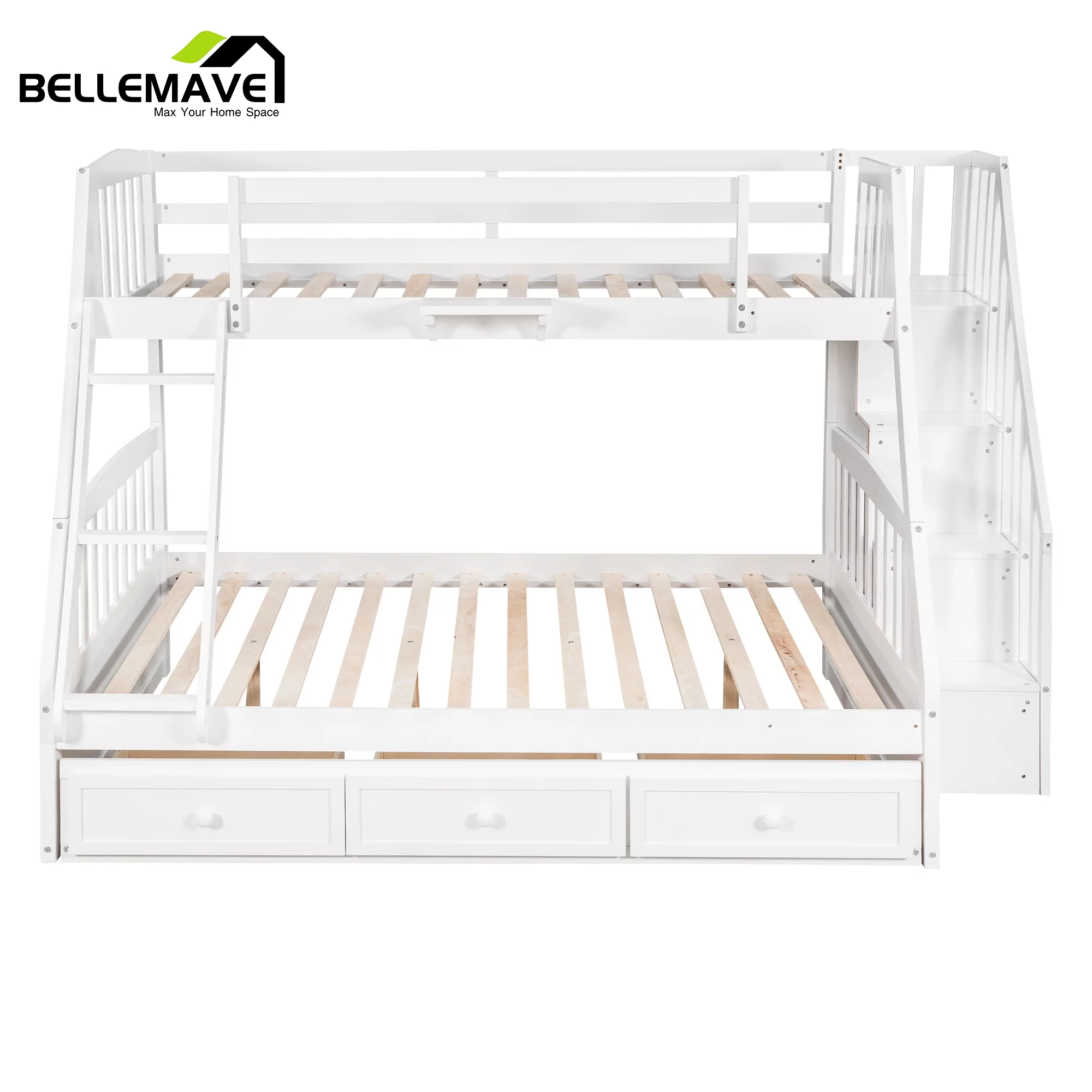 BELLEMAVE Twin over Full Bunk Bed with there drawer, bulid in ladder and storage stairs, Convertible into 2 beds
