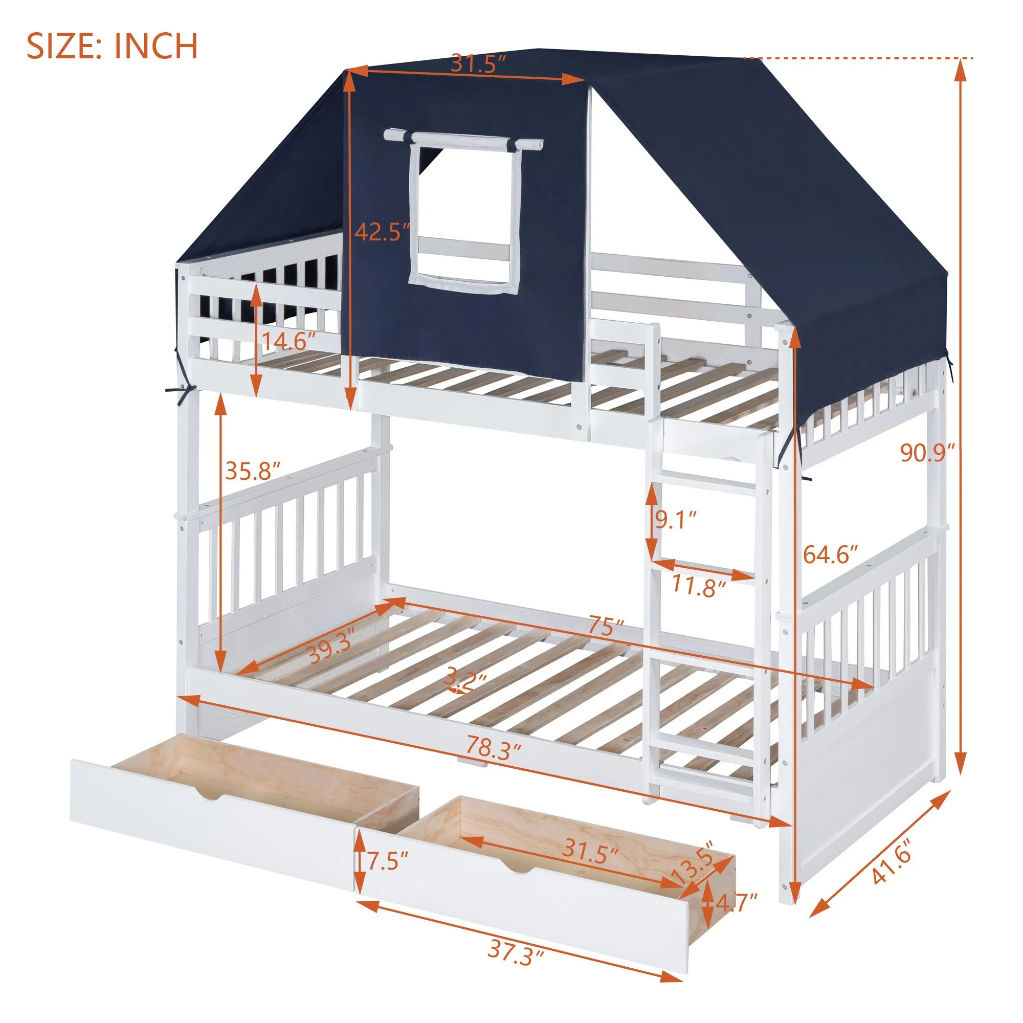 Twin Over Twin Bunk Bed with Tent and Drawers for Boys/Girls/Teens Bedroom, Wood Bed Frame with Safety Guardrail, No Box Spring Needed with Roof