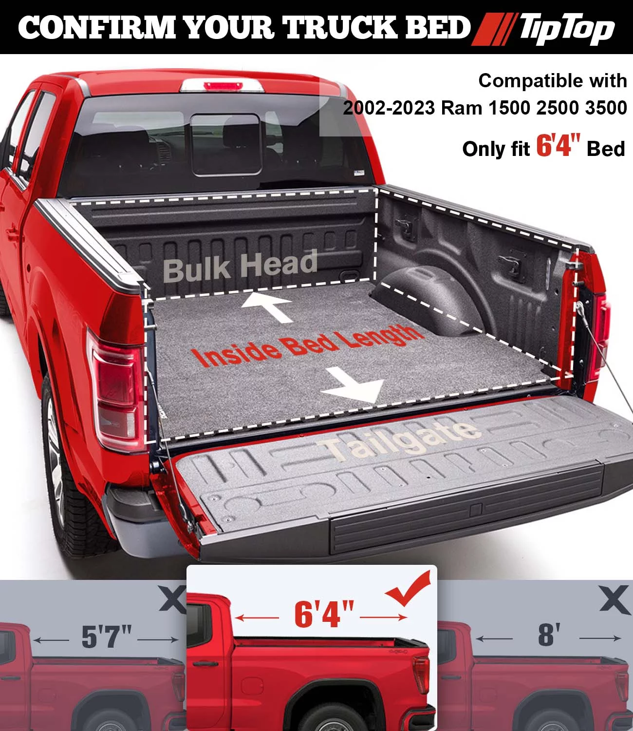 TIPTOP Tri-Fold Hard Tonneau Cover Truck Bed FRP On Top For 2002-2023 Ram 1500 2500 3500 with 6'4" Box (76.3") Bed w/o RamBox | TPM3 |