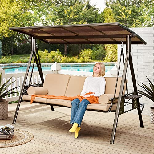 YOLENY Oversized Outdoor Porch Swing with Hardtop, 3 Seat Patio Swing with 2 Side Cup Holder, 3-in-1 Convertible Backrest Swing Bed with Cushion