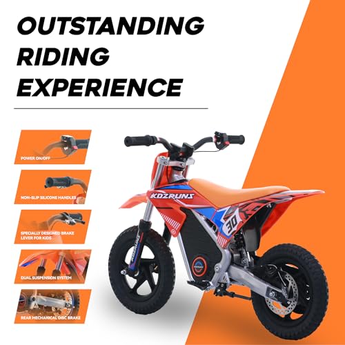 OLALA 36V Electric Dirt Bike for Kids Aged 4-8, Brushless 350W Racing Grade Electric Motorcycle, Up to 18.6MPH & 3 Speed Settings, Dual Disc Brakes