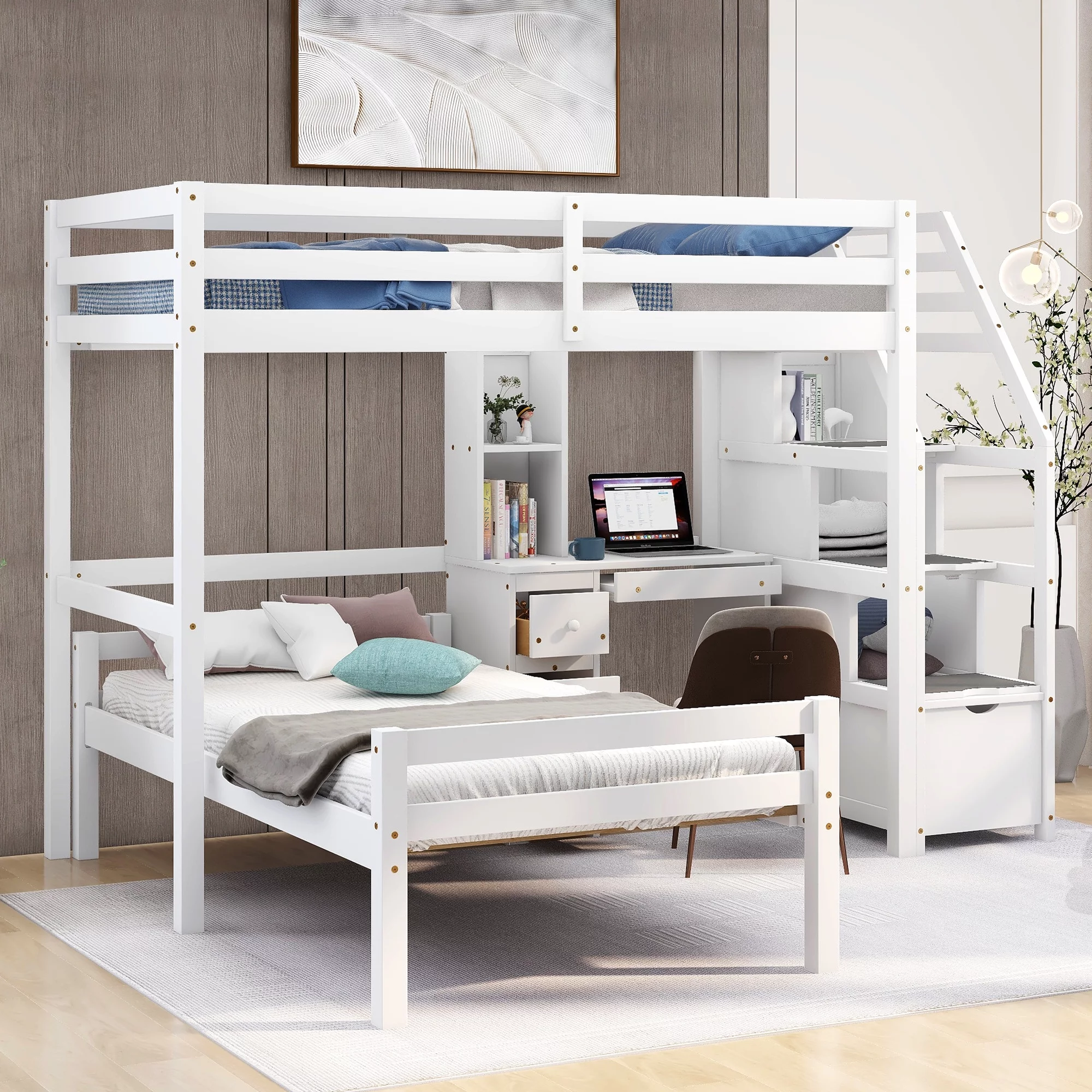 Euroco Wood Twin Bunk Loft Bed with Desk, Drawers and Shelf for Kids, White