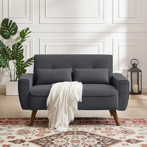 48.8" Small Loveseat Sofa, Mid Century Modern Love Seat Couch with Back Cushions and Wood Legs, 2 Seater Couches for Living Room, Bedroom