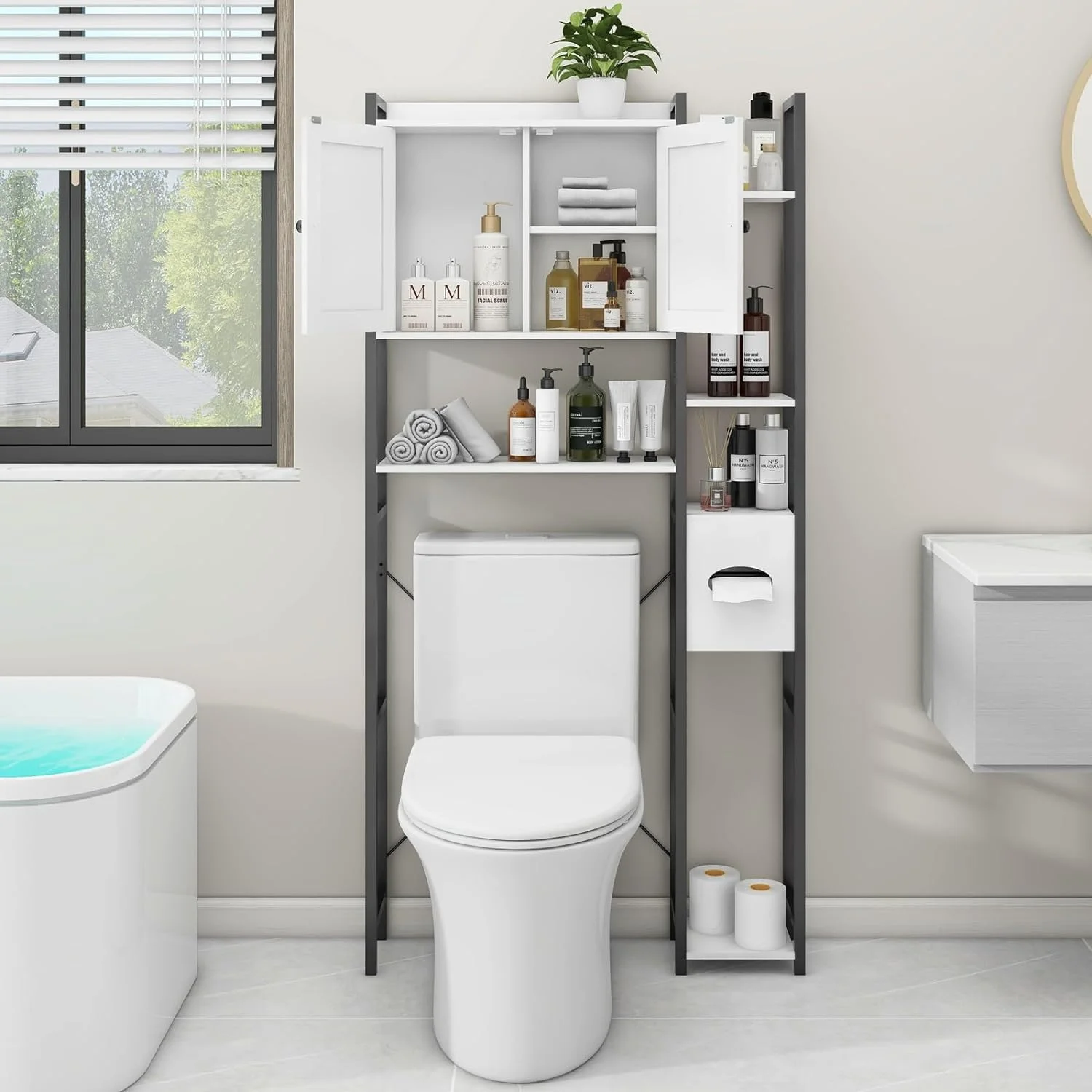 Over The Toilet Storage Cabinet with 2 Doors Storage Cabinet, Toilet Paper Storage Cabinet with Multi Layer Shelves Suitable for Bathroom