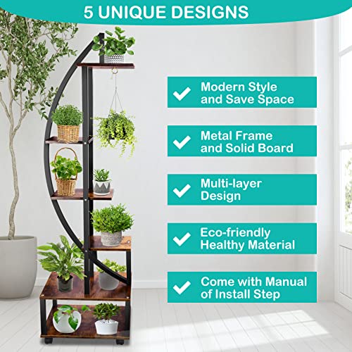 Seeutek 2 pcs 6 Tier Tall Metal Indoor Plant Stands with Hanging Loop,Half Moon Shaped Ladder Plant Shelf Holder