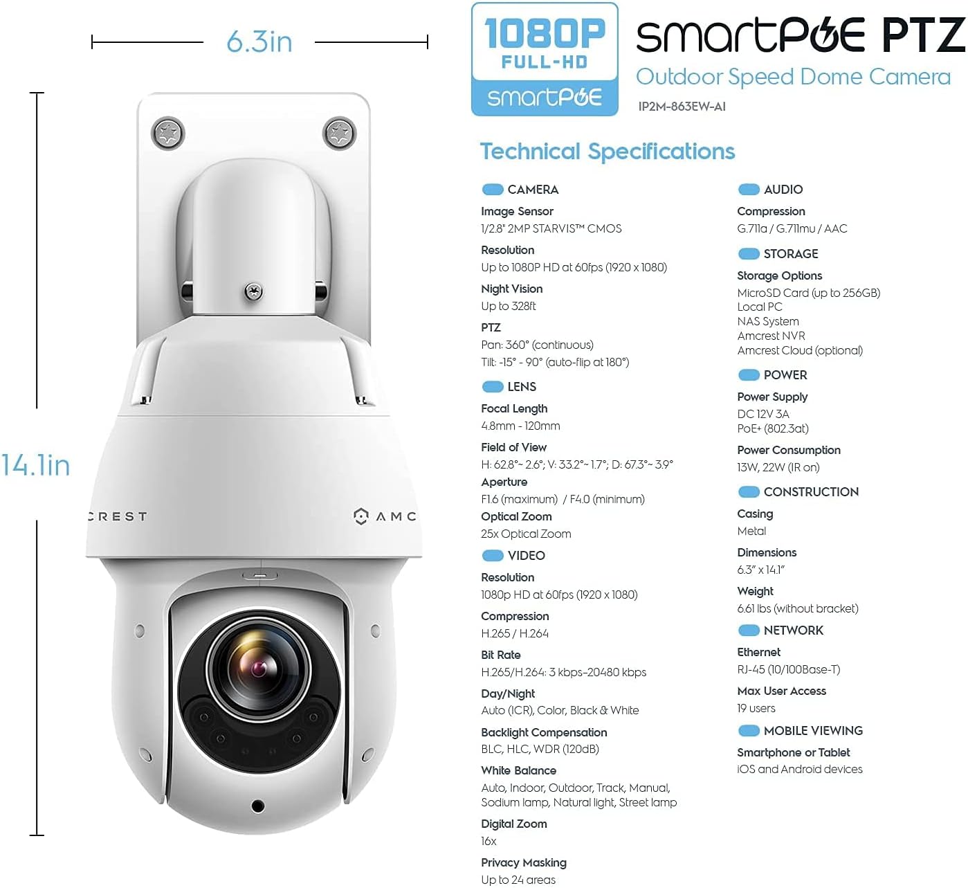 Amcrest 2MP Outdoor PTZ POE + IP Camera Pan Tilt Zoom (Optical 25x Motorized) ProHD POE+ Camera Security Speed Dome, CMOS Image Sensor