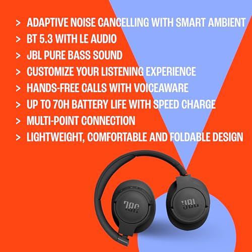 JBL Tune 770NC - Adaptive Noise Cancelling with Smart Ambient Wireless Over-Ear Headphones, Bluetooth 5.3, Up to 70H Battery Life with Speed Charge