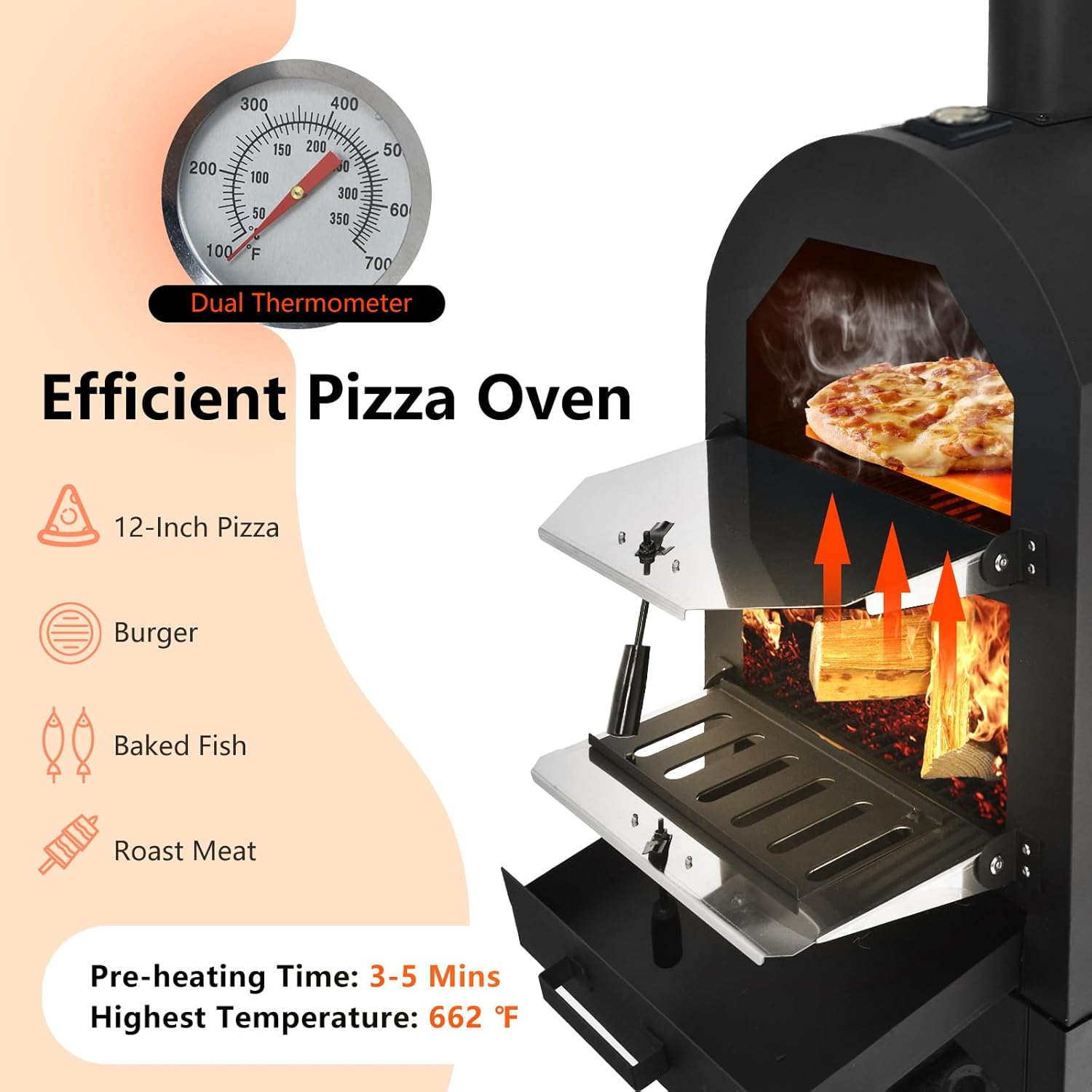 COSTWAY Outdoor Pizza Oven, Wood Fired Pizza Oven for Outside, Patio Pizza Grill with Pizza Stone, Pizza Peel