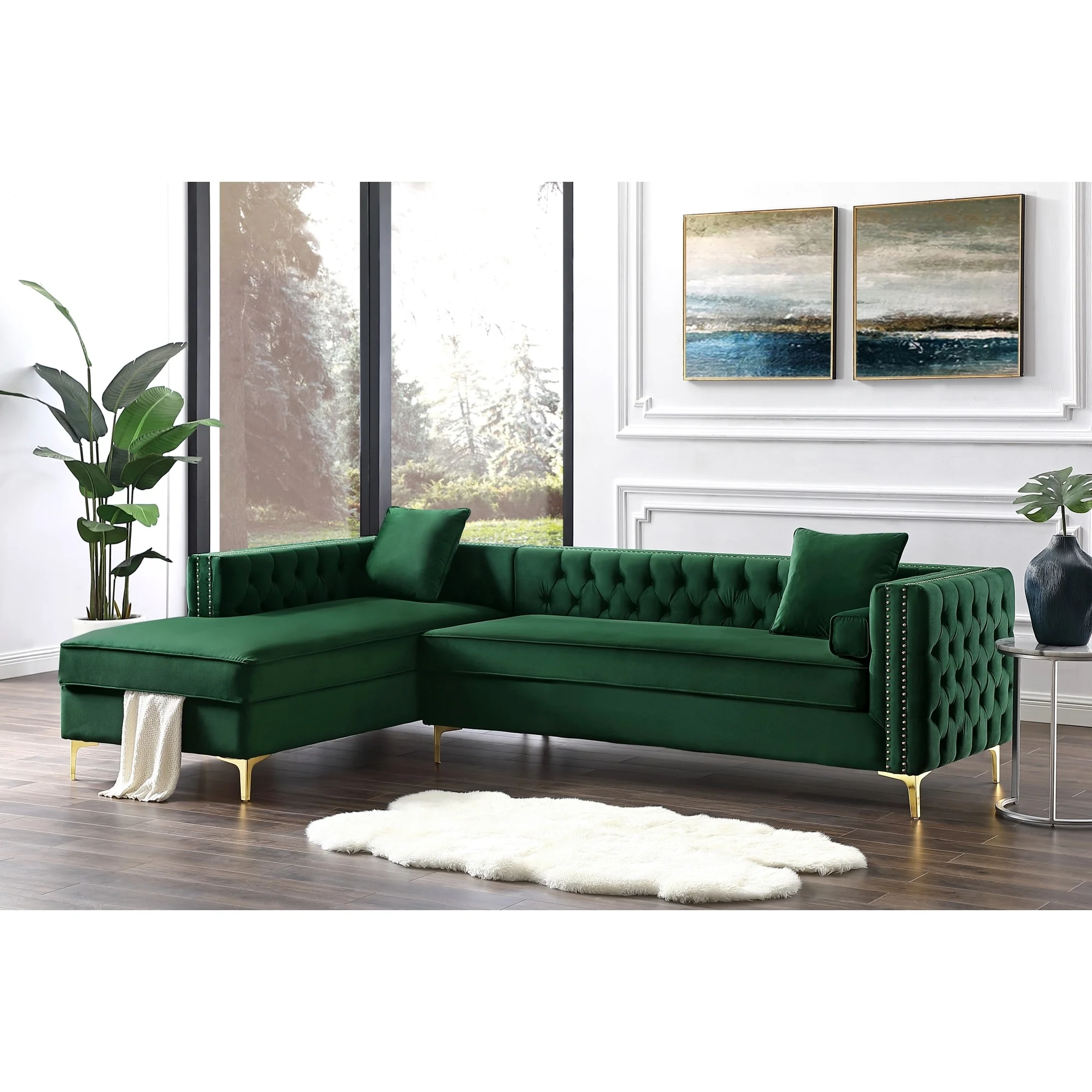 Inspired Home Dante Velvet Chaise Sectional Sofa Hunter Green Left Facing