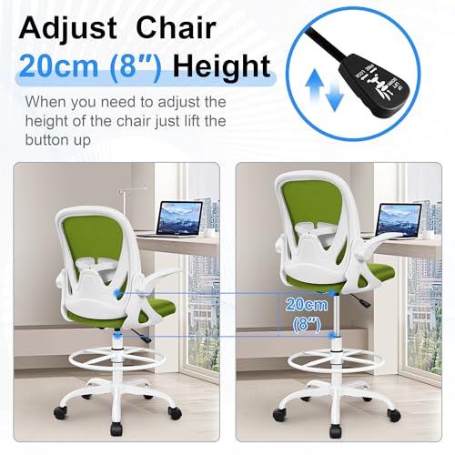Primy Drafting Chair Tall Office Chair with Flip-up Armrests Executive Ergonomic Computer Standing Desk Chair with Lumbar Support and Adjustable