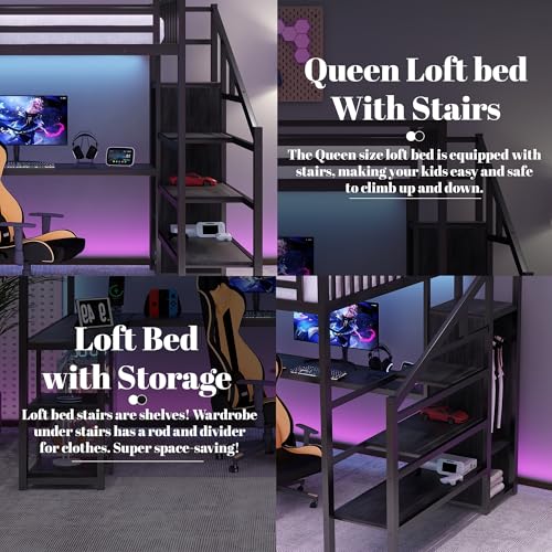 Full Size Loft Bed with Desk and Stairs, Heavy-Duty Steel Loft Bed Frame with Wardrobe & LED Light