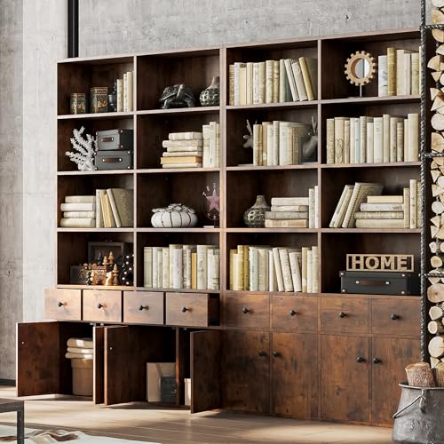 IRONCK 78.7" Bookcase with 4 Drawers and 4 Doors, 6 Tier Large Bookshelf with Storage, Floor Standing Display Storage Shelves