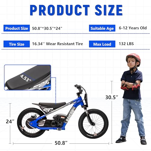 wanan Electric Dirt Bike for Kids 6-12 with Shock-Absorbing Front Fork, 250W Electric Motorcycle Up to 15.5MPH, 24V Detachable Battery, 16''