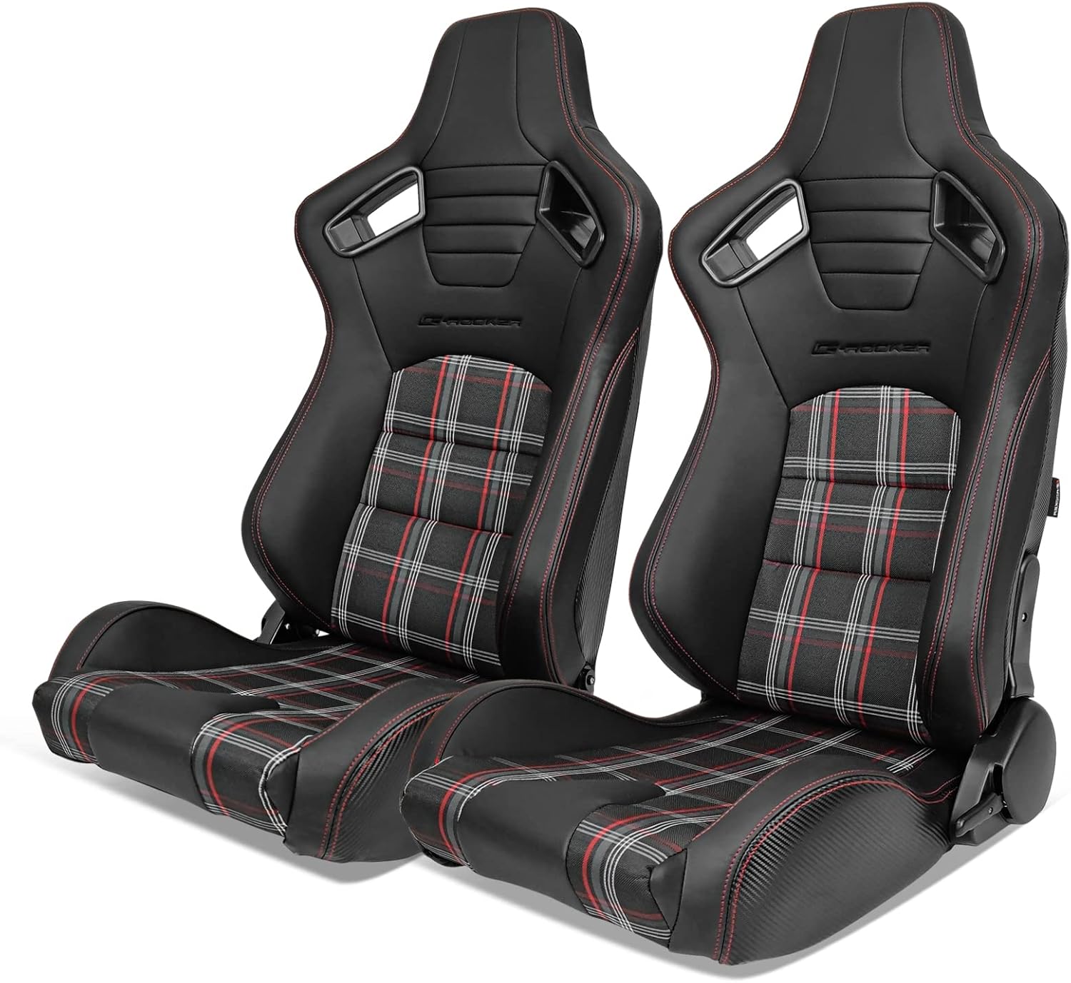 IKON MOTORSPORTS, Universal Racing Seats Pair with Dual Sliders, PU & Red Plaid Fabric & Carbon Leather Reclinable Left Right
