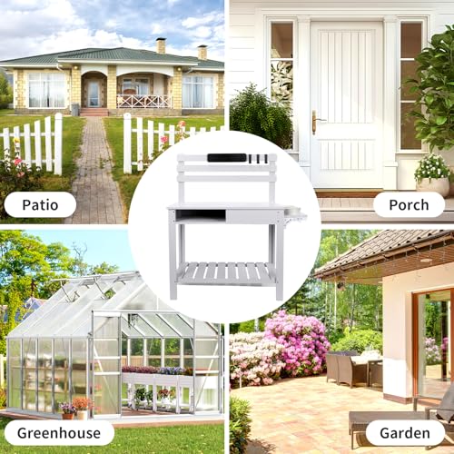 Potting Bench Table Outdoor Garden Table Wooden Work Station Outdoor Garden Work Bench Platform with 3 Side Hook Shelf Natural Wood Rice-White