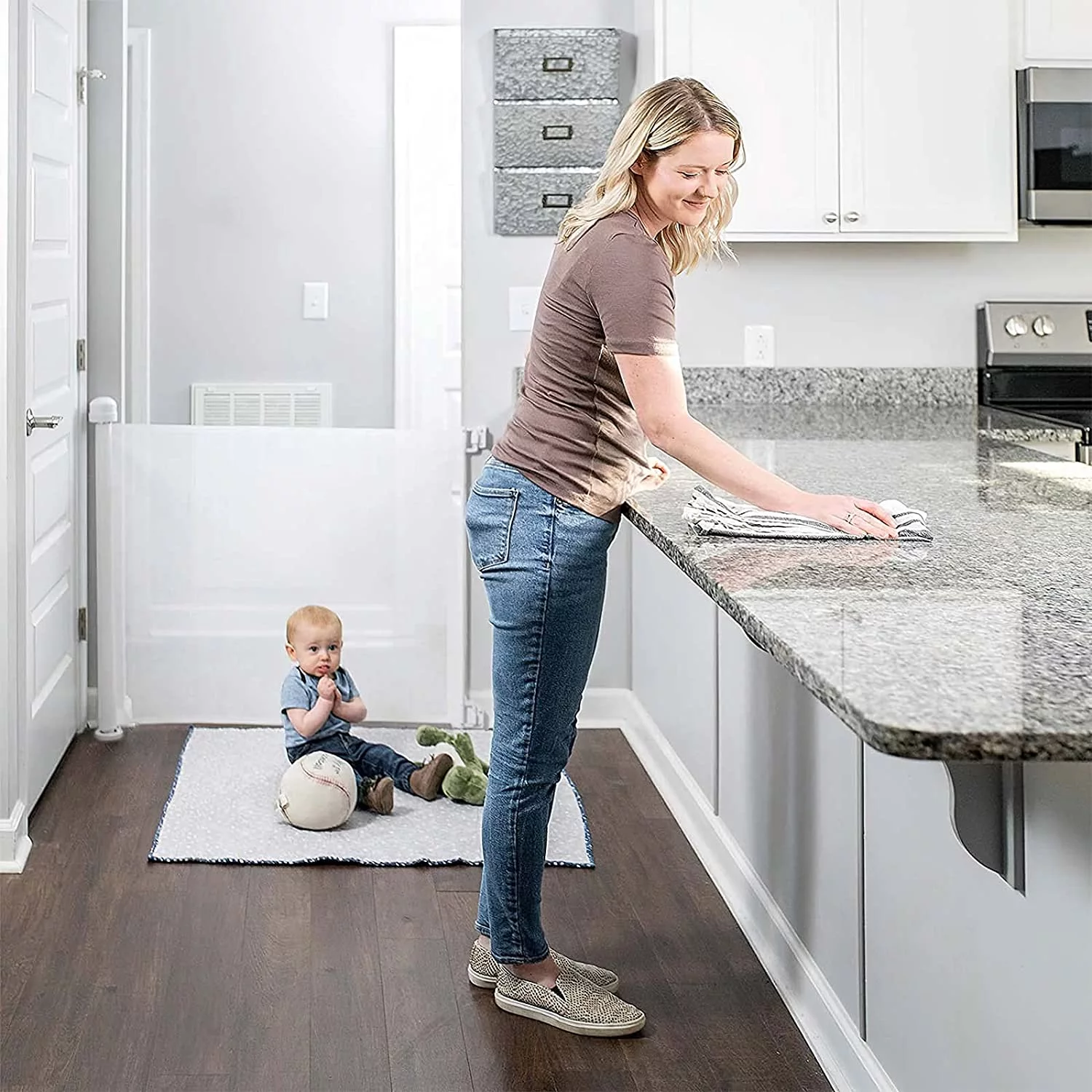 Retractable Baby Gate, Extra Wide Safety Kids or Pets Gate, 33” Tall, Extends to 55” Wide, Mesh Safety Dog Gate for Stairs, Indoor, Outdoor, Doorways