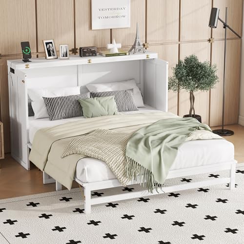 KEIKI Queen Size Cabinet Murphy Bed with Charging Station and Drawer, Multiple Storage Foldable Hideaway Wall Murphy Bed Frame with Solid Slat