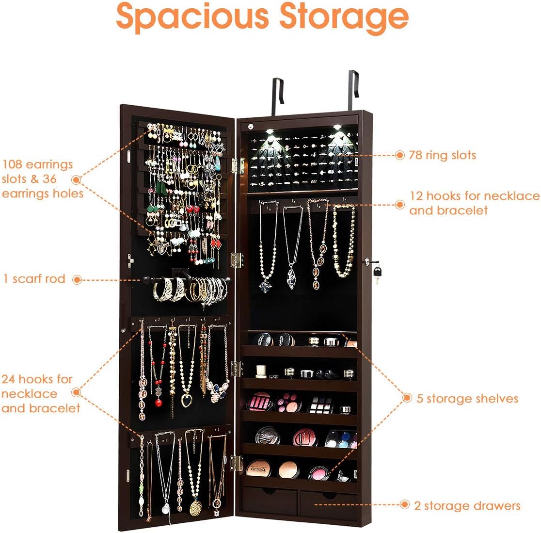 Giantex Jewelry Armoire Wall Door Mounted, Lockable Jewelry Cabinet with 42.5'' Full Length Mirror, 2 LEDs Jewelry Organizer Box with 2 Drawers