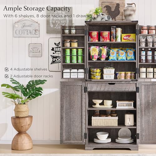 72" Tall Kitchen Pantry, Farmhouse Storage Cabinet with Barn Doors, Organizer, Drawer and Adjustable Shelves, Rustic Wood Cupboard for Kitchen