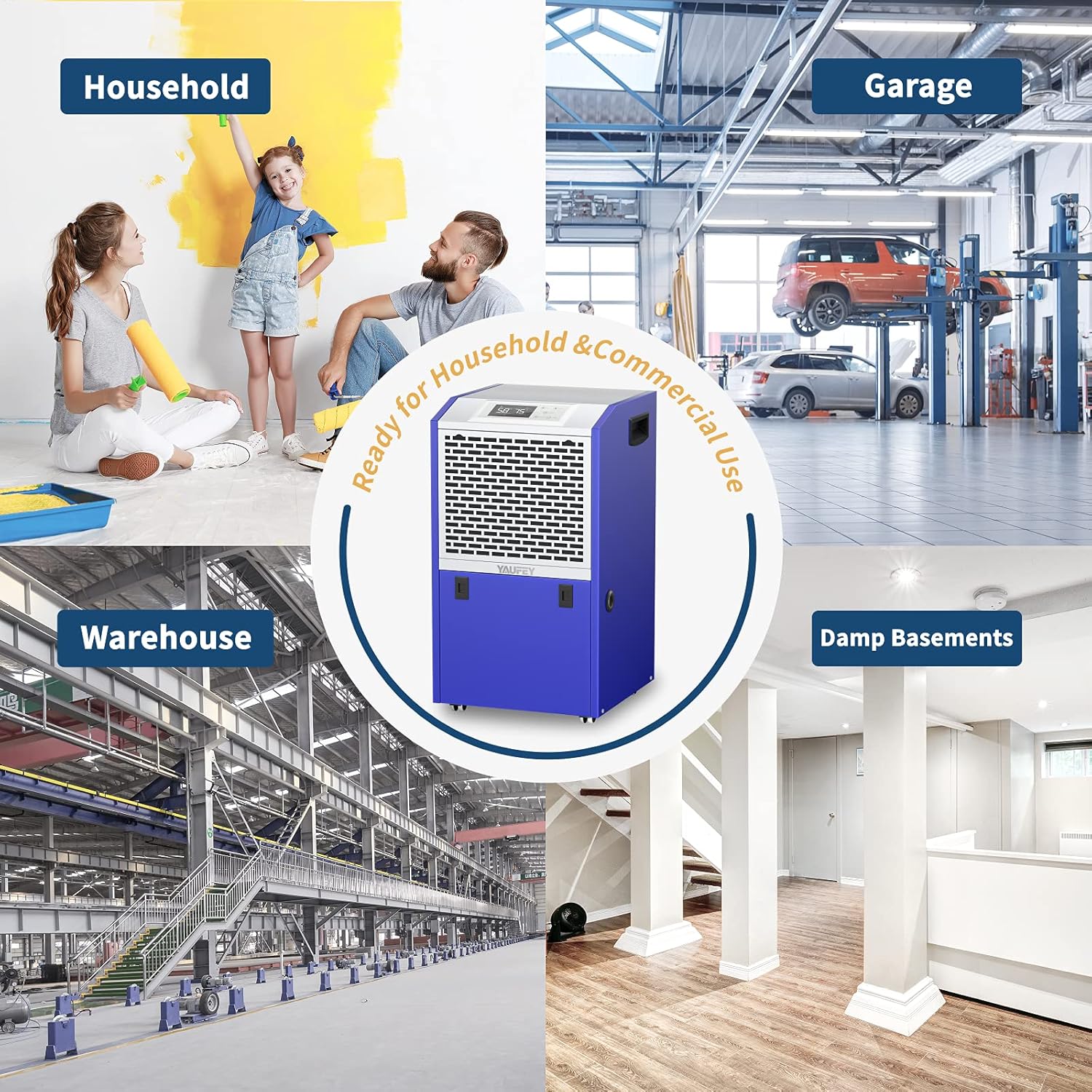 Yaufey 155 Pints Dehumidifier with Drain Hose, Commercial Dehumidifier for Large Basement, Industrial or Commercial Space, Auto Defrost