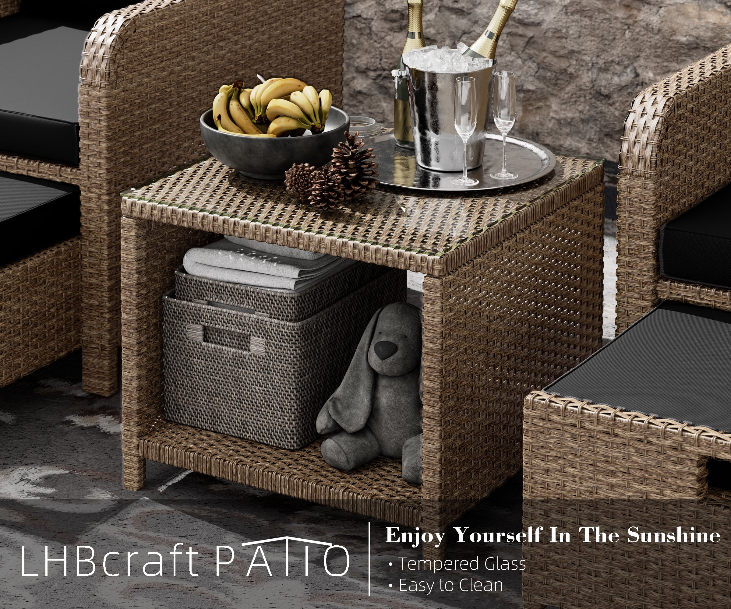 LHBcraft Balcony Furniture 5 Piece Patio Conversation Set, PE Wicker Rattan Outdoor Lounge Chairs with Soft Cushions 2 Ottoman&Glass Table for Porch