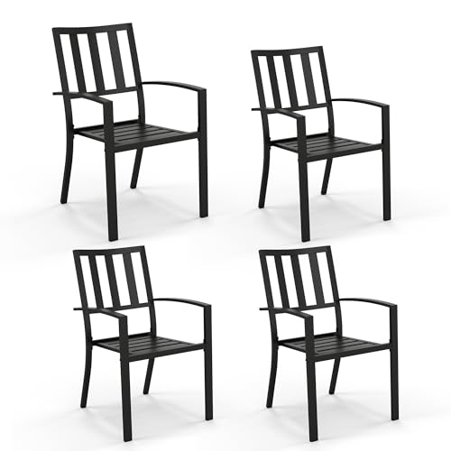 PHI VILLA Stackable Wrought Iron Patio Dining Chairs - Set of 2 Black Outdoor Chair Bistro Metal Chairs, Support 300 LBS